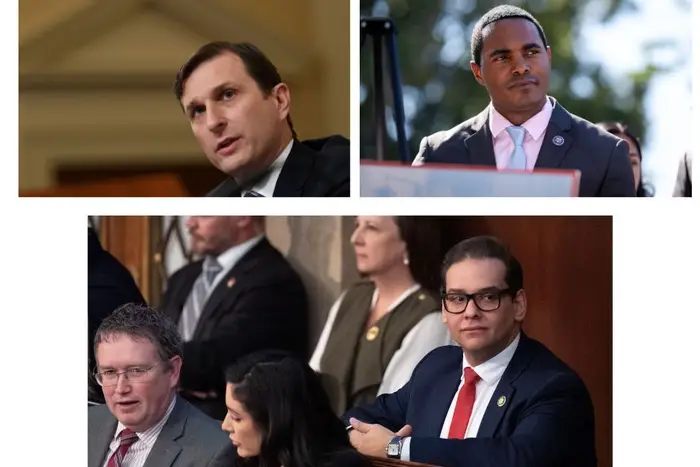 Democratic Reps. Dan Goldman (top left) and Ritchie Torres (top right) have filed an official ethics complaint against GOP Rep. George Santos (bottom) over questions on Santos's finances and the disclosure forms.